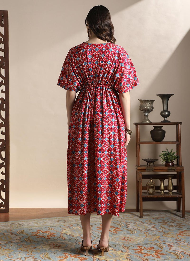 Globus Women Fuchsia V-Neck Kimono Sleeves Ethnic Print Lace Detail Fit & Flare Midi Fusion Dress - Image 4